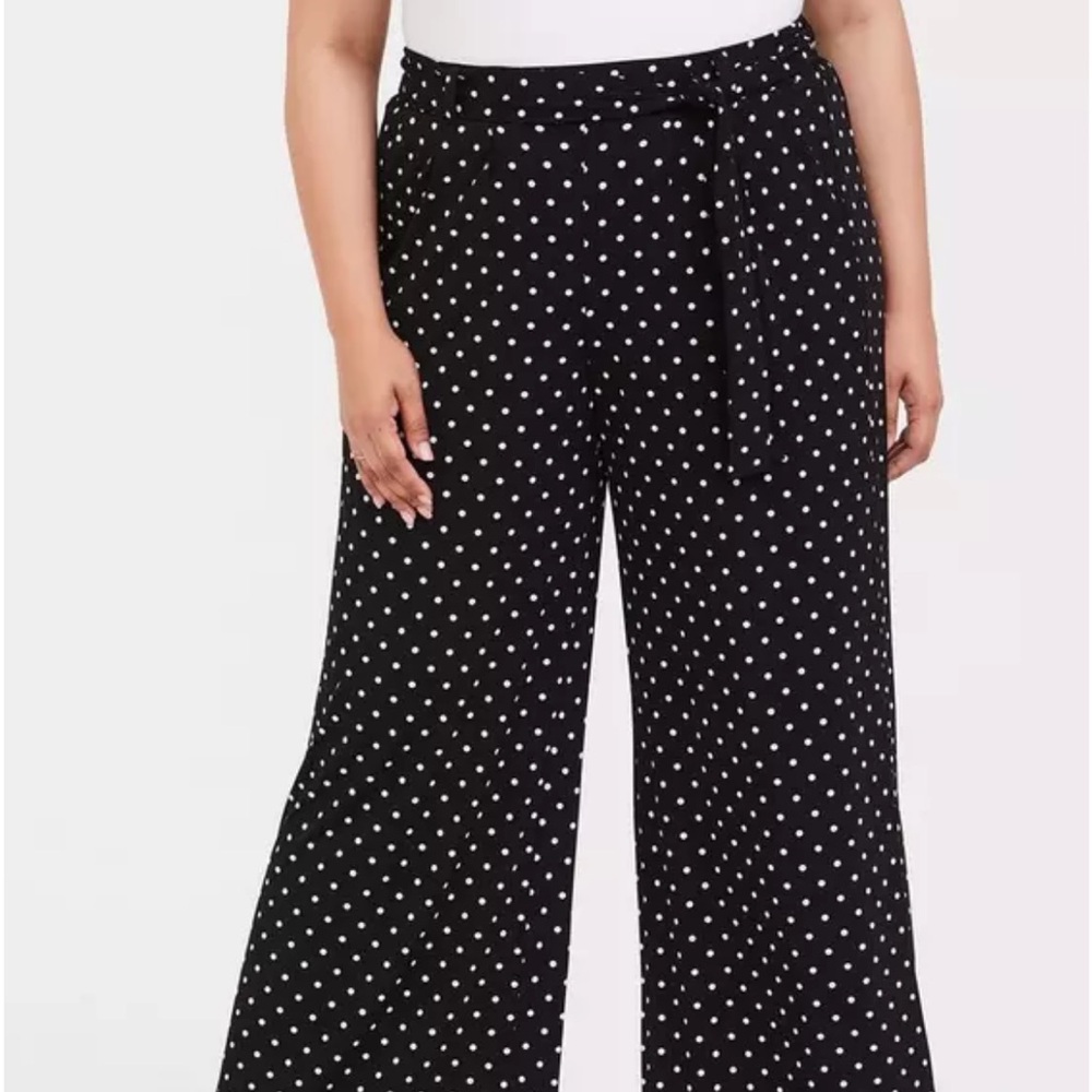 Black Polka Dot Studio Knit Tie Front Wide Leg Pant
